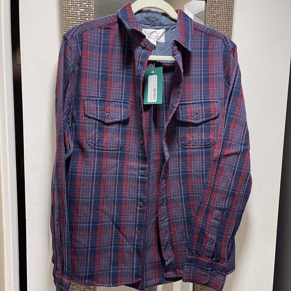 Even Tide 🦊 heavy twill shirt, NWT, navy & maroon, men’s small